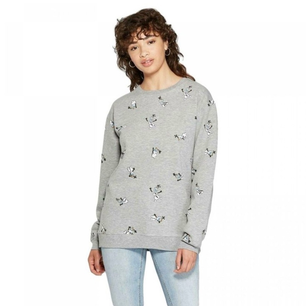 NWT Disney Frozen Olaf Heather Gray Graphic Crew Neck Sweater Size XS